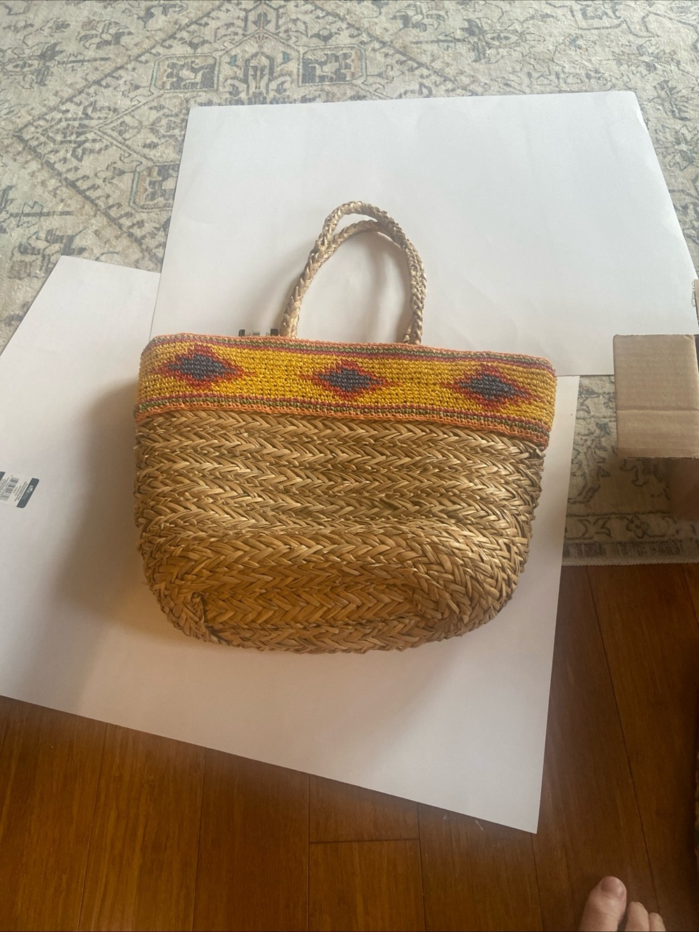 Old Navy Straw Tote with Yellow & Multicolor Woven Trim